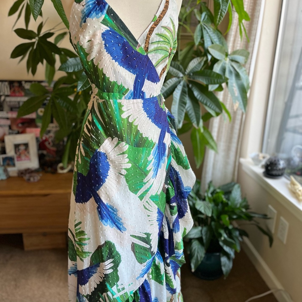 FARM Rio White Green Blue Tropical Wrap Dress